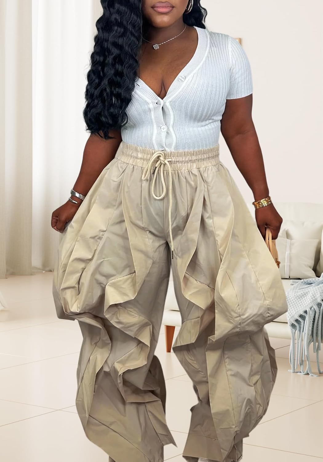 Women Casual Baggy Cargo Pants Trendy High Waisted Ruffle Patchwork Long Trousers with Drawstring - Image 5