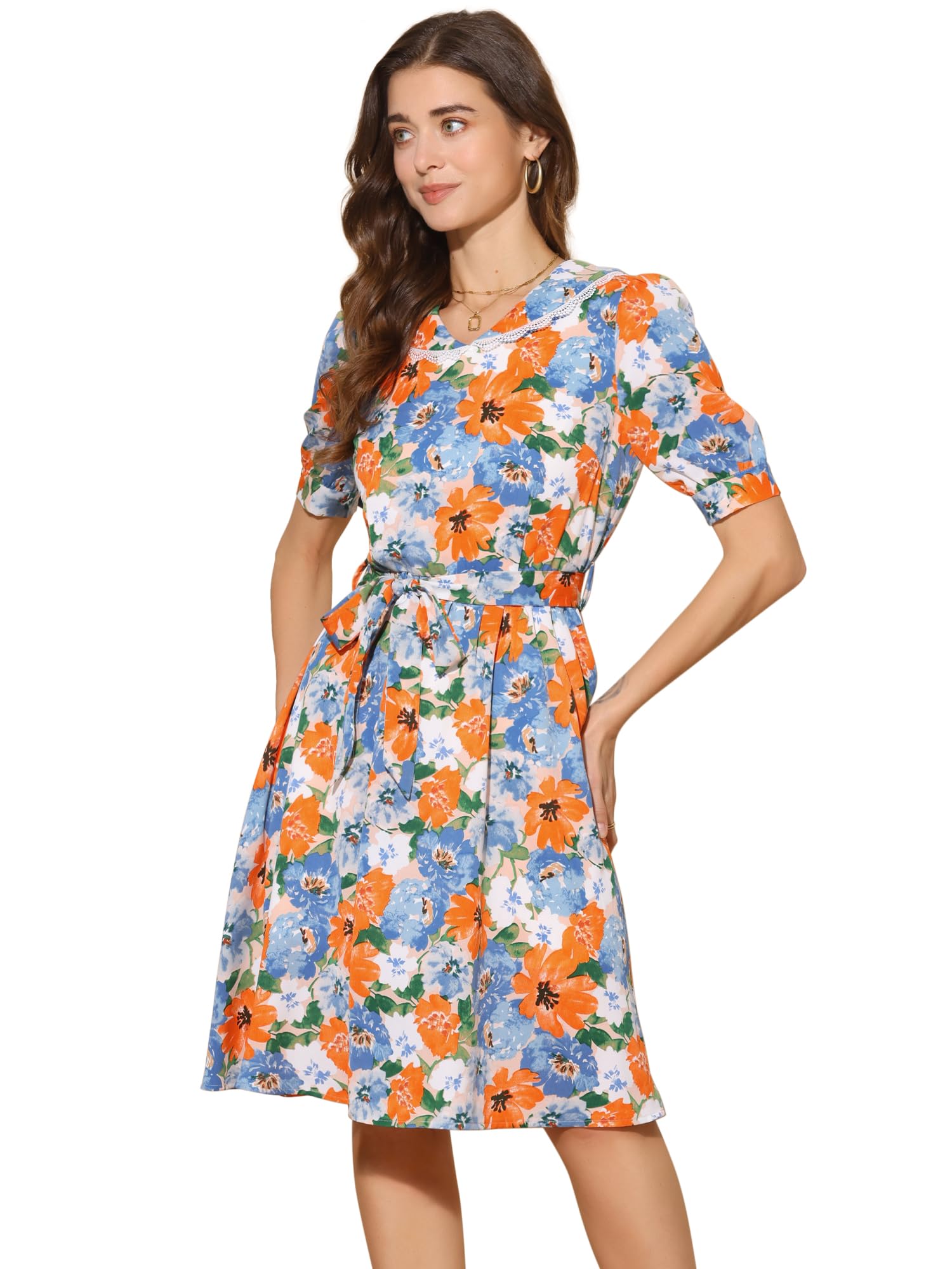 Allegra K Womens Vintage Peter Pan Collar Flowy Midi Floral Dress