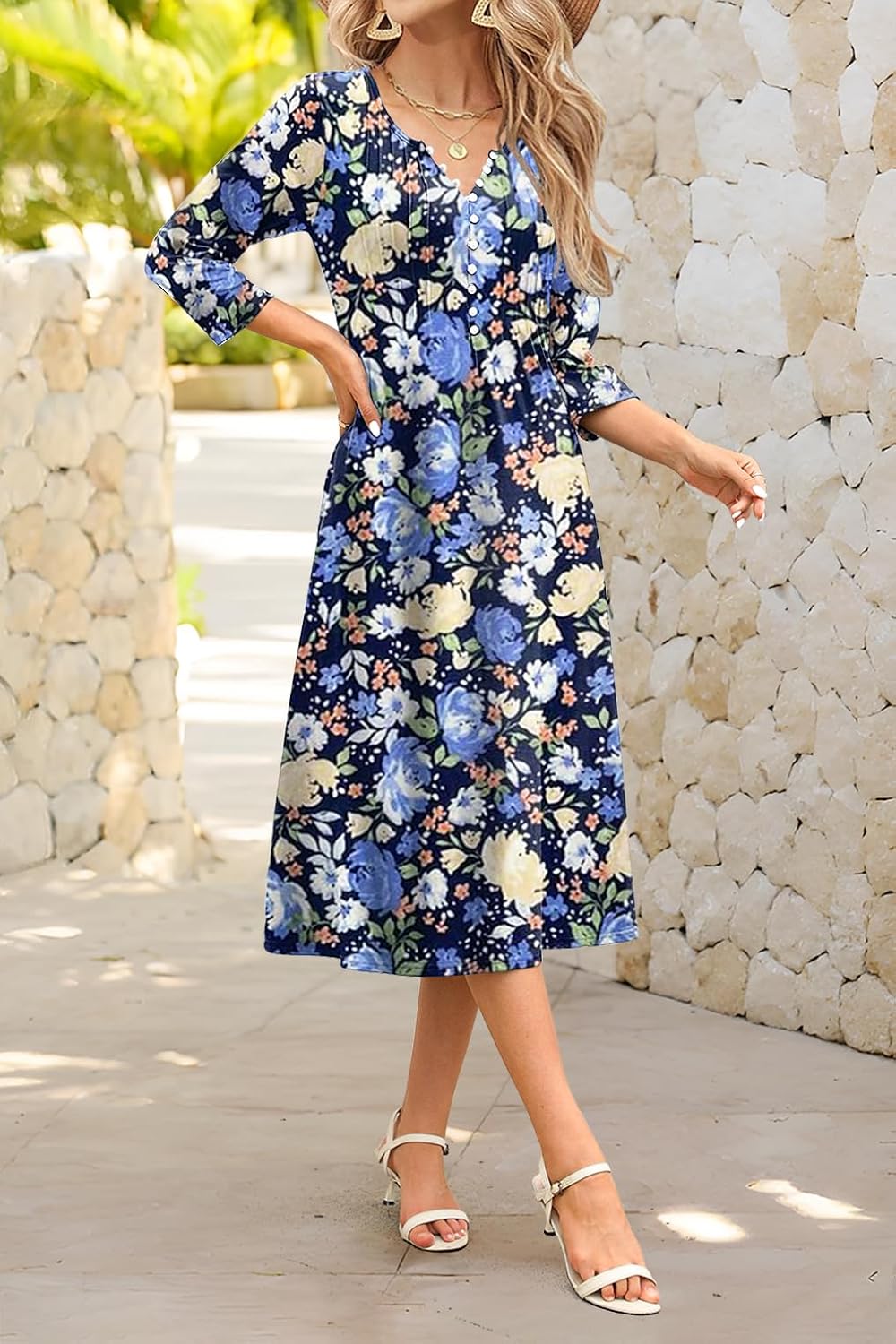 Soesdemo Long Sleeve Dress for Women Casual V Neck Pleated Button Down 3/4 Sleeves Knee Length Midi Dresses with Pockets - Image 4