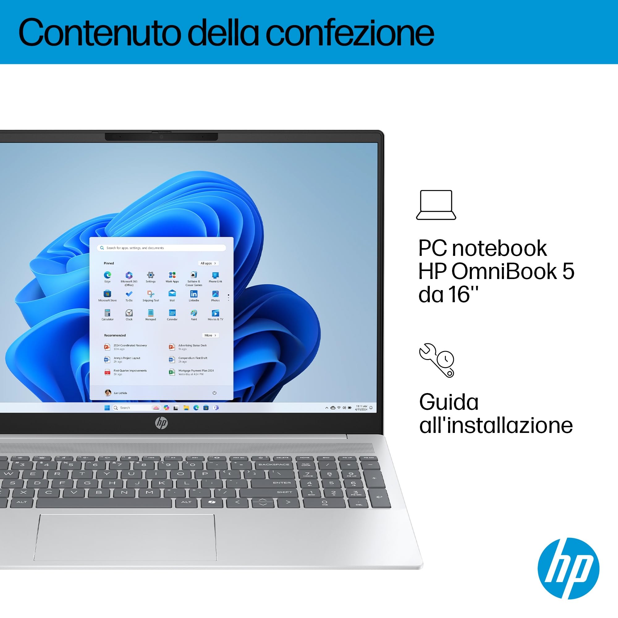 HP OmniBook 5 16-ag1004s, Notebook, (Processore AMD Ryzen AI 7 350, 24GB RAM, 512GB SSD, Windows 11), Lavoro d'ufficio avanzato, Multitasking, Computer portatile, Tastiera Italiana QWERTY, Argento