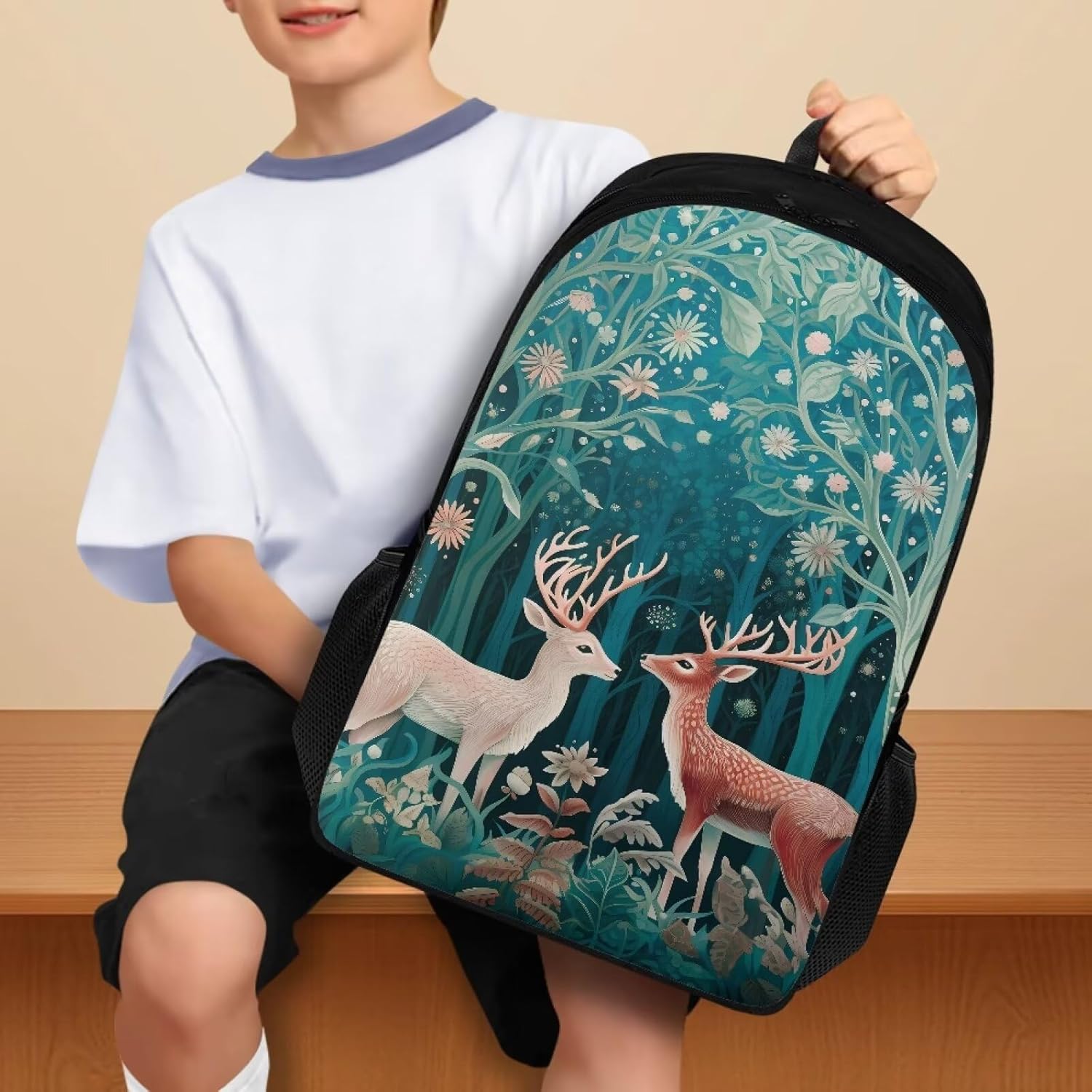 Deer Flower Forest Print Backpack School Bookbag Daypack for Boys Girls Bookbags Rucksack Lightweight School Bag Casual Daypack College Daypack with Double Compartment