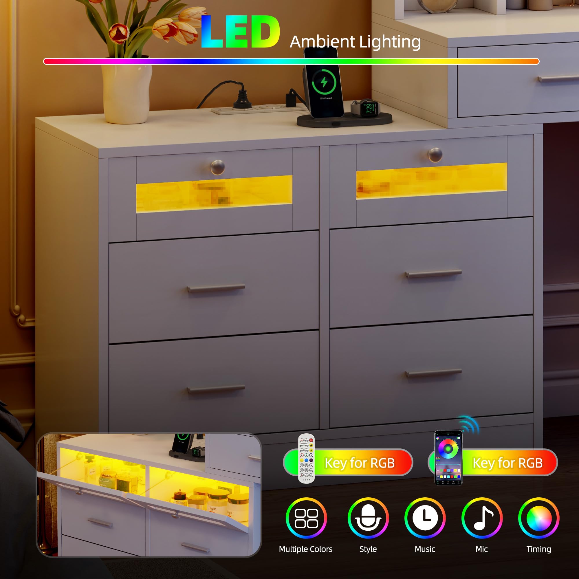 Tavolo Toeletta YITAHOME Con LED, 11 Cassetti E Presa - Bianco Moderno - Foto 4