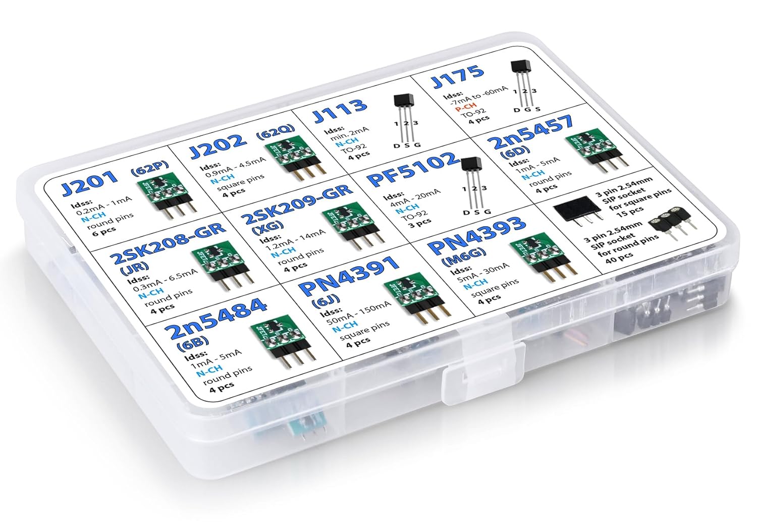 JFET FET Transistor Assortment Kit J201, J202, J113, J175, 2SK208-GR, 2SK209, PF5102, 2n5457, 2n5484, PN4391, PN4393 incl. sockets, 45 pcs