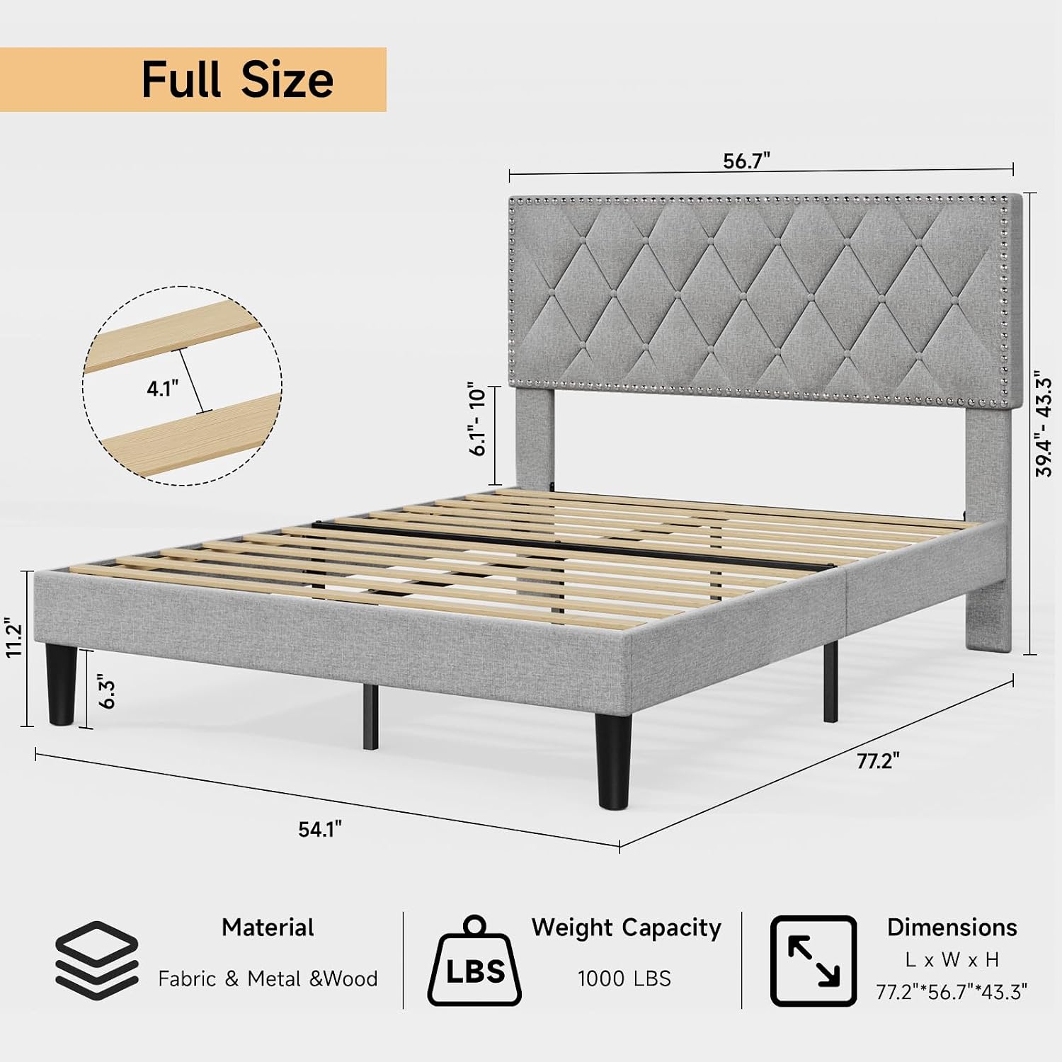 ONBRILL Full Size Platform Bed Frame with Upholstered Headboard, Bed Frame with Button Tufted Adjustable Headboard, Bed Frame with Strong Wooden Slat, No Box Spring Needed, Noiseless, Lightgrey