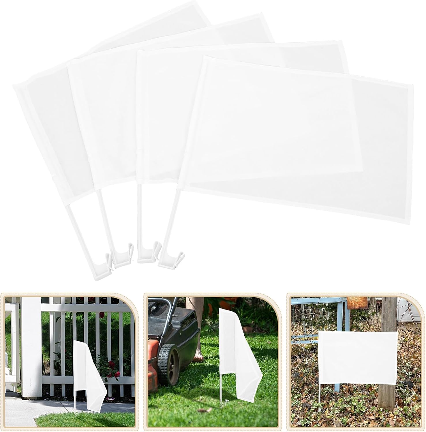4pcs White Solid Car Flags with Poles 30x45cm Handheld Plain Color Polyester Banners for Vehicle Window Decoration Outdoor Events Parades Sports