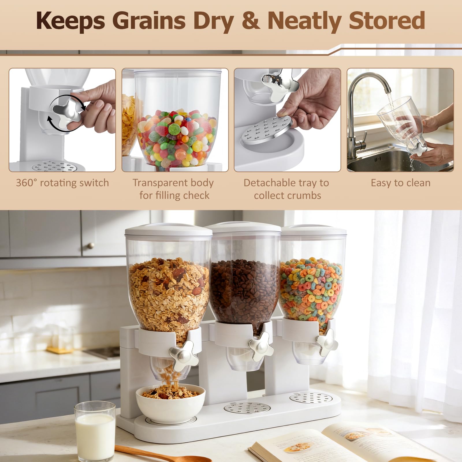 Müslispender & Snack-Dispenser mit 3 Kammern, 6L Gesamtvolumen - Rotierender Getreidebehälter für Cornflakes, Nüsse und Kaffeebohnen | Luftdicht & Crush-Free Design für Küche & Snackstation