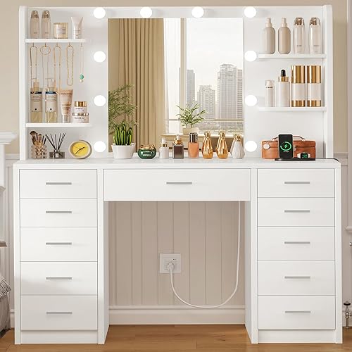 Vista 12 de Quimoo - Escritorio de tocador grande de 48" con espejo y luces, tocador de maquillaje con 6 cajones, toma de corriente, juego de mesa de tocador