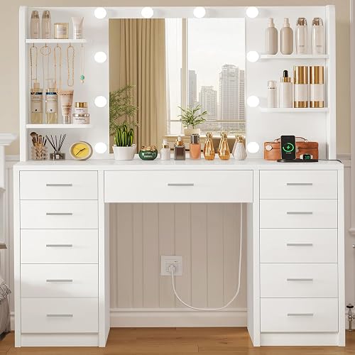 FIONESO Large Vanity Desk with Mirror and Lights, Makeup Vanity with 11 Drawers & 6 Open Shelves, 3 Lighting Modes, Brightness Adjustable, Vanity for Girls, White
