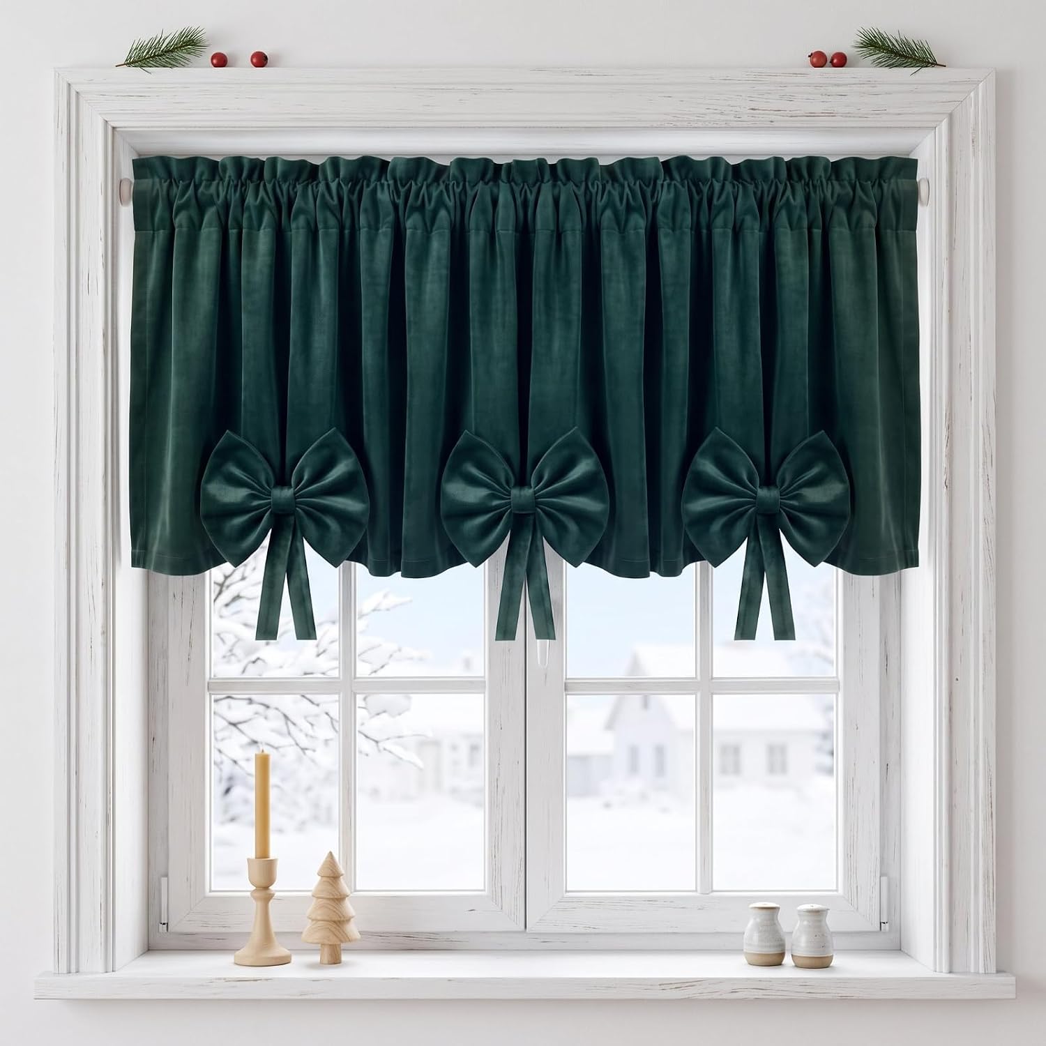 Fanfanwin Christmas Velvet Bow Valance Curtain Decor, Dark Green