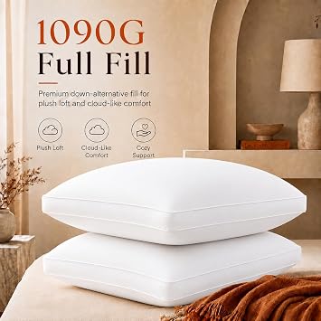 Hotel Collection Bed Pillow Queen Size 1 Count Down Alternative Filling Soft & Fluffy Breathable Pillow for Back, Stomach or Side Sleepers, Machine Washable (Queen (U.S. Standard))