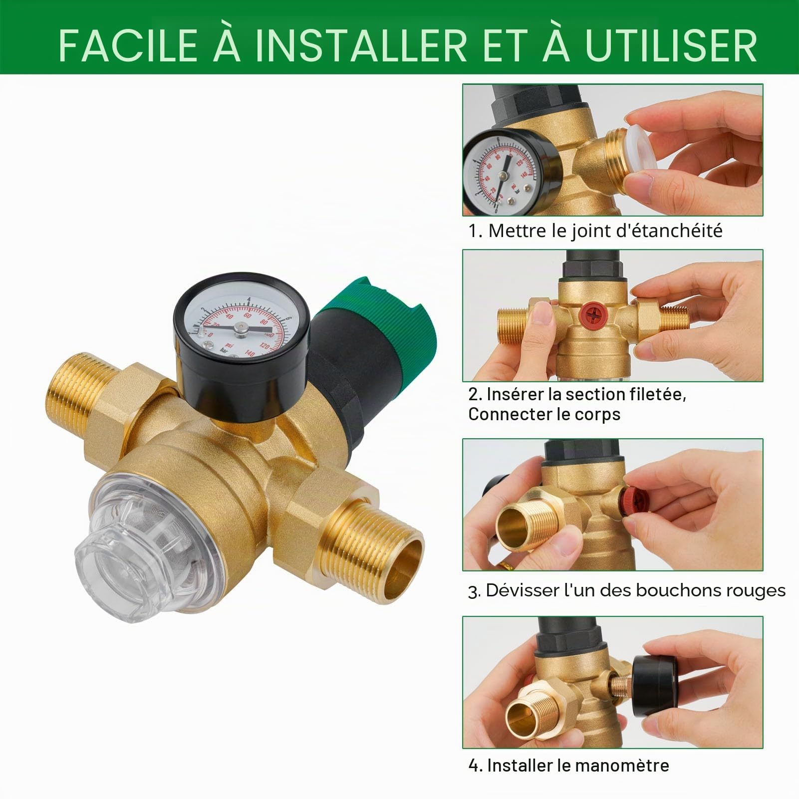 Reducteur de Pression Eau, 1" Limiteur de Pression Avec Manometre Pression Eau Et Filtre à Mailles, Réducteur de Pression d'eau Fabriqué en Laiton Haute Dureté