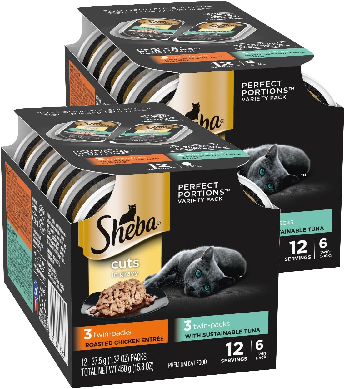 Sheba Perfect Portions Wet Cat Food Cuts in Gravy, Cat Food Wet Recipe, with Sustainable Tuna, Roasted Chicken Entree, 2.6 oz. Twin-Pack Trays (6 Count, 12 Servings) (Pack of 2)