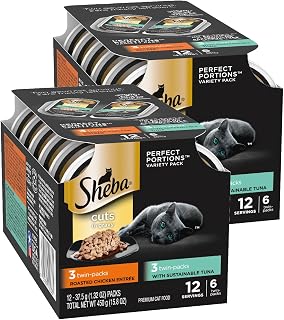 Sheba Perfect Portions Cuts Wet Cat Food, Chicken & Tuna, 2.6 oz, 6 ct, 2pk | Grain-free, Tuna & Chicken, no corn/soy/fillers, protein-rich, snap-peel-serve twin packs, zero messy leftovers, grain-free