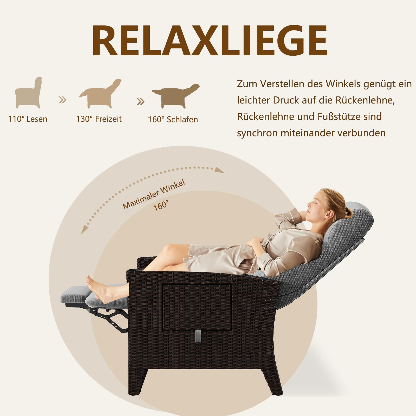 Fotel ogrodowy, rattanowy, do użytku na zewnątrz, regulowany kąt 160°, zintegrowany stolik pomocniczy, fotel rattanowy ze zdejmowanymi poduszkami, nadaje się do ogrodu, na basen, balkon (czarny