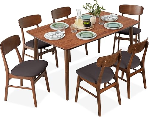 Best Choice Products Juego de mesa de comedor de madera de 7 piezas, moderno de mediados de siglo, mesa de cocina con 6 sillas, cojines tapizados,
