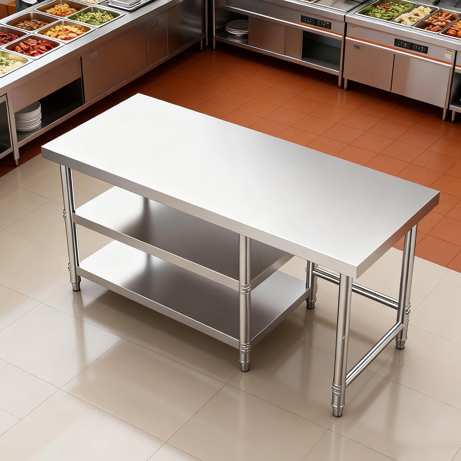 Three-Layer Stainless Steel Workbench with Adjustable Legs Multifunctional Cutting Board and Vegetable Worktable Combination Platform Open Commercial Metal Prep Table(90x40x80cm/35.4x15.7x31.5”)