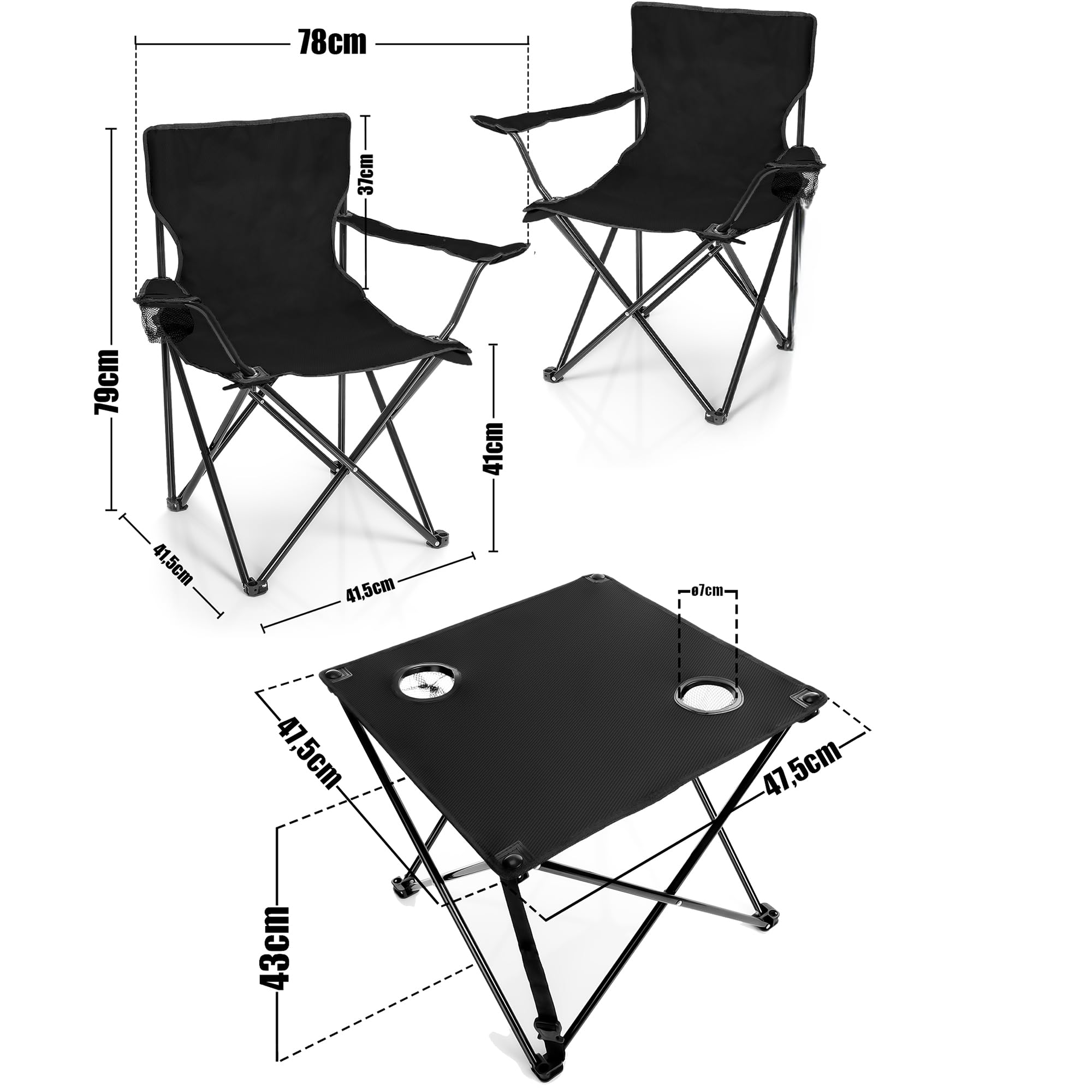 BigDean 2 Stück Campingstühle & Campingtisch faltbar schwarz - Campingtisch mit Stühlen - Faltstuhl Campingstuhl mit Tisch Klapptisch mit Stühlen