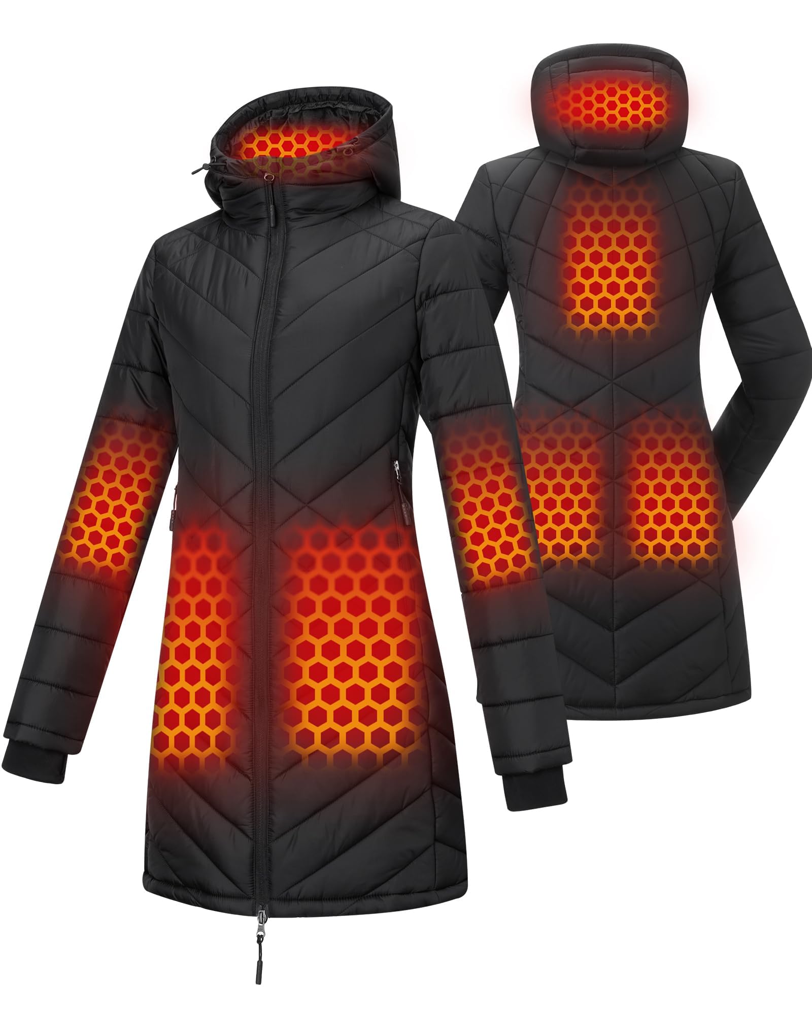 Topdot Beheizbare Jacke Damen, Heizjacke mit Powerbank 18400mAh, 8 Heater | 3 Temperaturstufen, Lang Winddicht Wintermantel, Wasserdicht Pufferjacke mit Kapuze,Wärmejacke für Outdoor