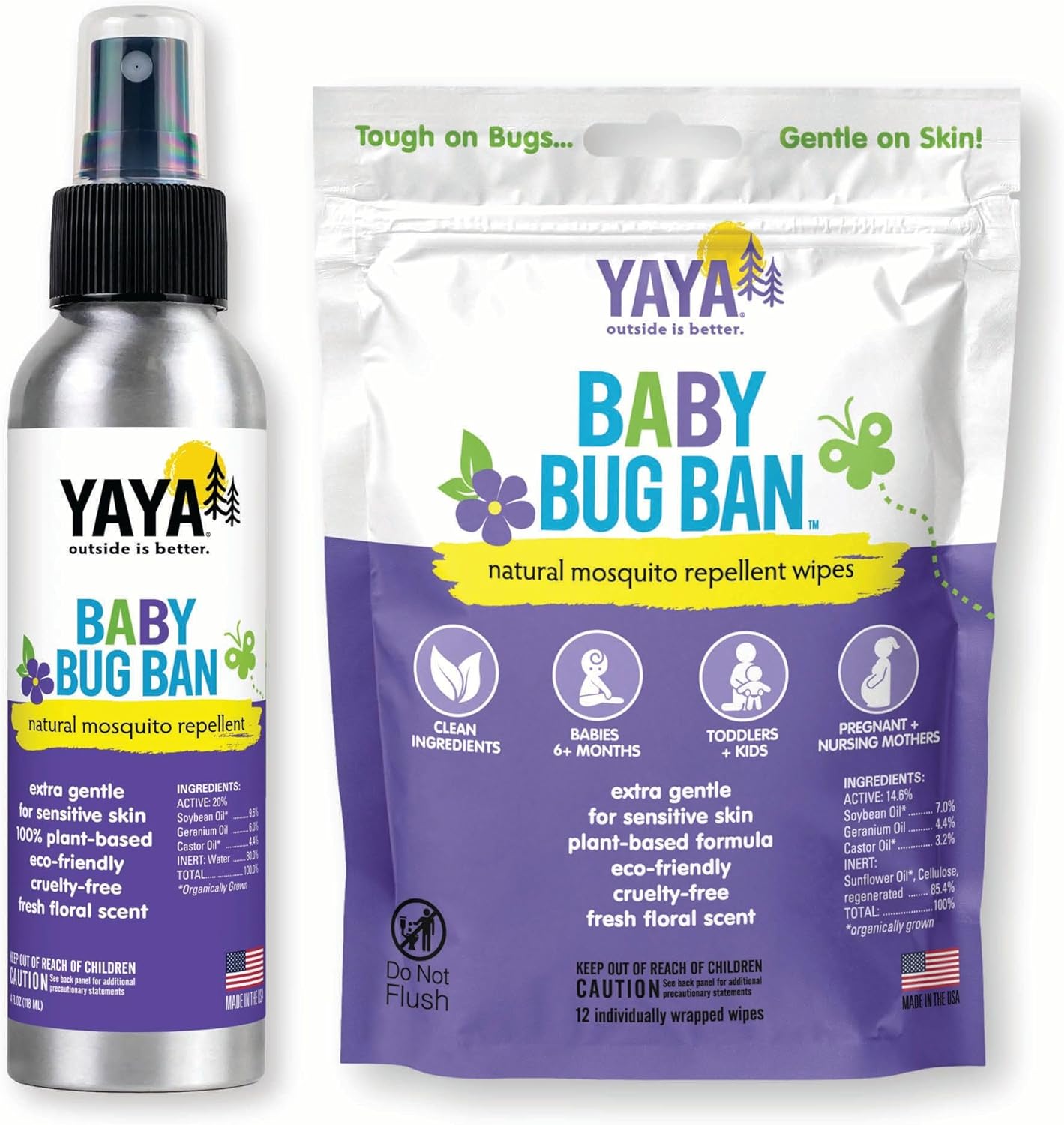 YAYA ORGANICS Baby Bug Ban Spray + Wipe Bundle - All-Natural Repellent Made with Essential Oils for Babies, Little Kids and Sensitive Skin (4 Ounce Spray + 12-Pack Wipe)
