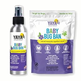 YAYA ORGANICS Baby Bug Ban Spray + Wipe Bundle - All-Natural Repellent Made with Essential Oils for Babies, Little Kids and Sensitive Skin (4 Ounce Spray + 12-Pack Wipe)