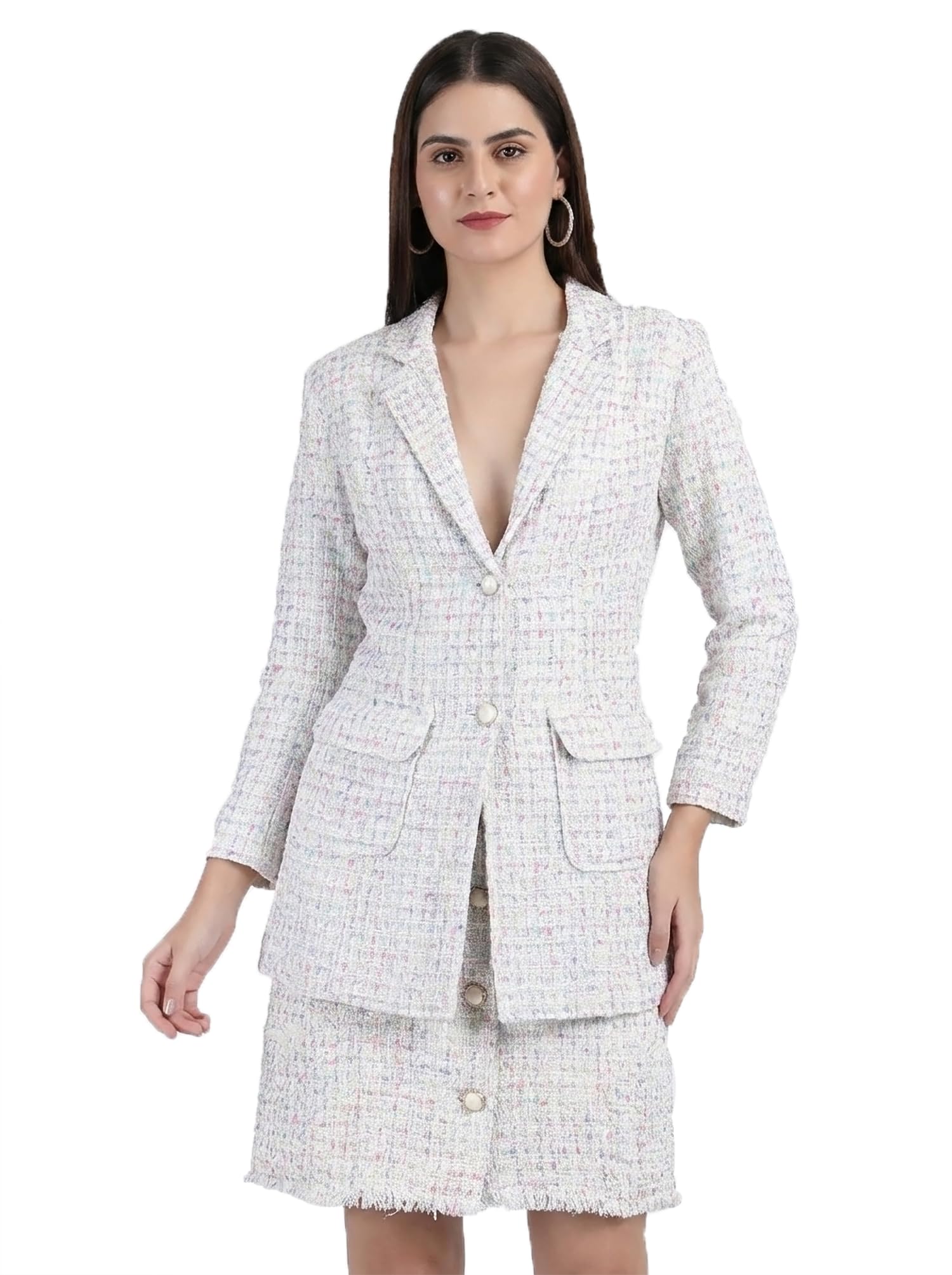 Women's Tweed Co-ord Set | Single Breasted Blazer Jacket & Matching Skirt with Lining | Poly Cotton Formal 2-Piece Suit for Women-image-22