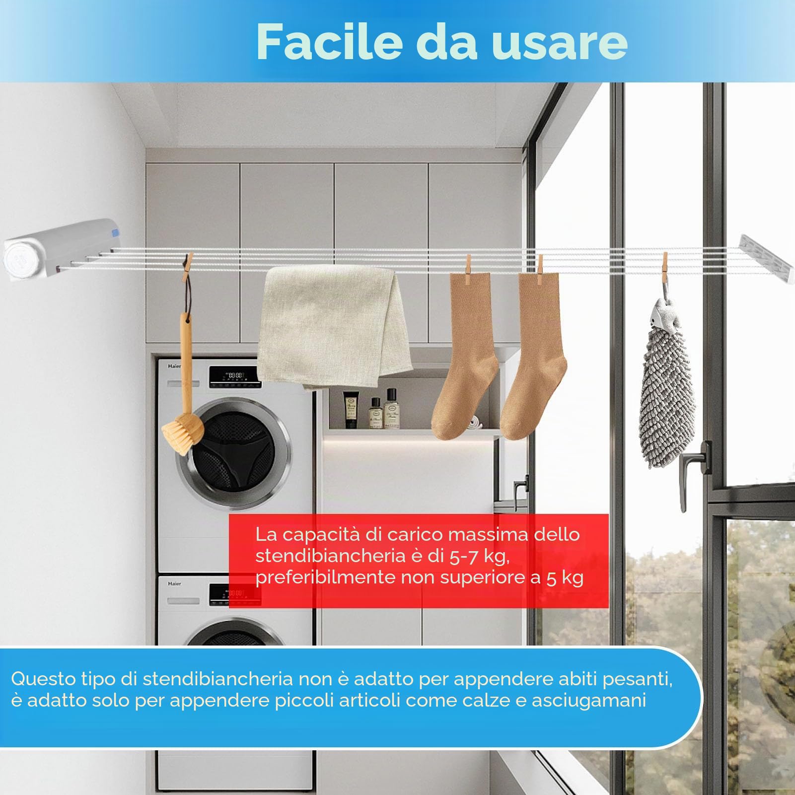 HERCHR Plastica Corda da bucato riavvolgibile, Plastica Stendibiancheria da Parete Salvaspazio con 5 Robusti Fili Estraibili, Appendiabiti Portatile con Corda Regolabile per Interni ed Esterni
