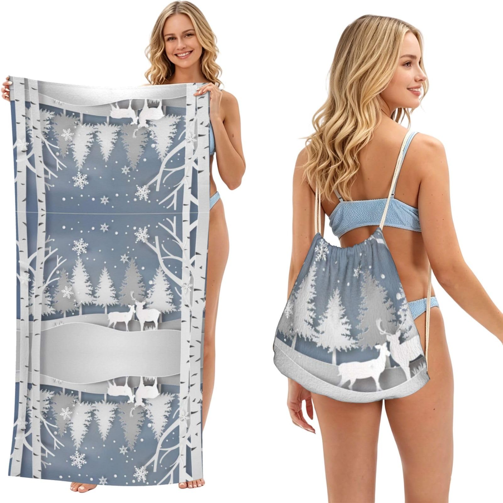SATUSA Deer Print 2-In-1 Foldable Beach Towel Backpack â€“ Camping, Yoga And Travel,Bath Towel With Built-In Storage, Convertible Beach Mat & Carry Bag