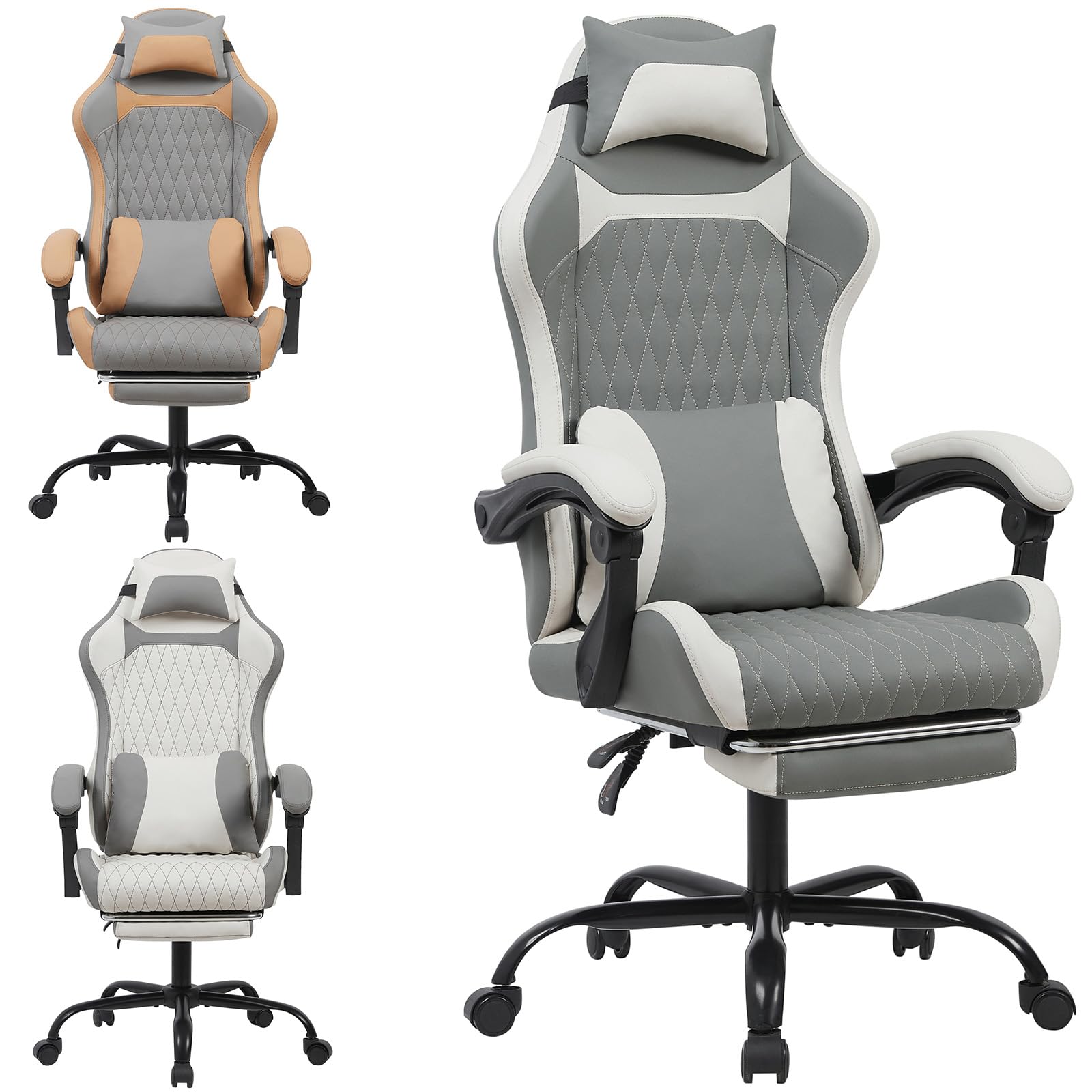 Atenza Ergonomischer Gaming Stuhl mit Fußstütze, Gaming Chair bis 136kg (Dunkelgrau-Weiß)
