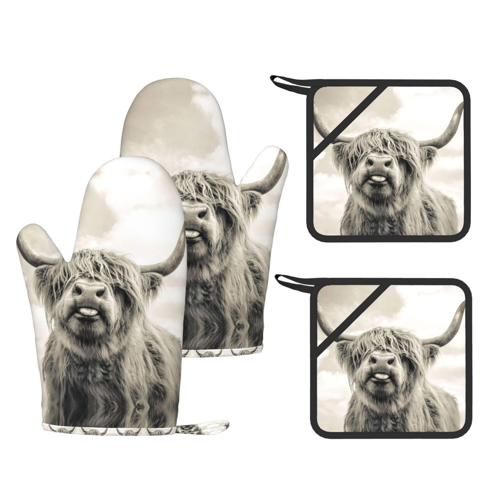 Funny Highland Cow Printed Oven Mitts with Pocket and Hot Pads, Silicone Non-Slip Kitchen Gloves for Baking BBQ