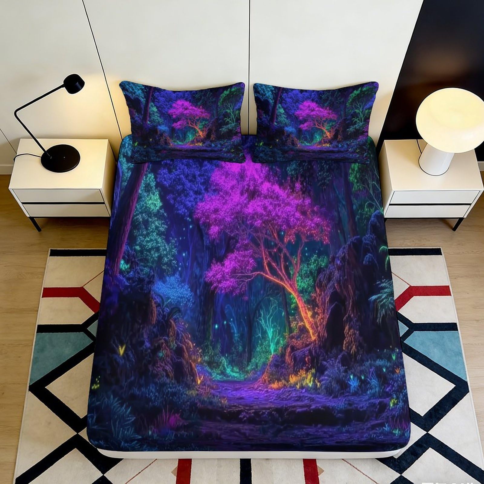 Pnayamiorkfel Style-2 3D Printed Enchanted Forest Fitted Sheet Microfiber Anti-Slip Vibrant Tree Bed Cover For Bedroom Guest Room Decor 90X200x25cm