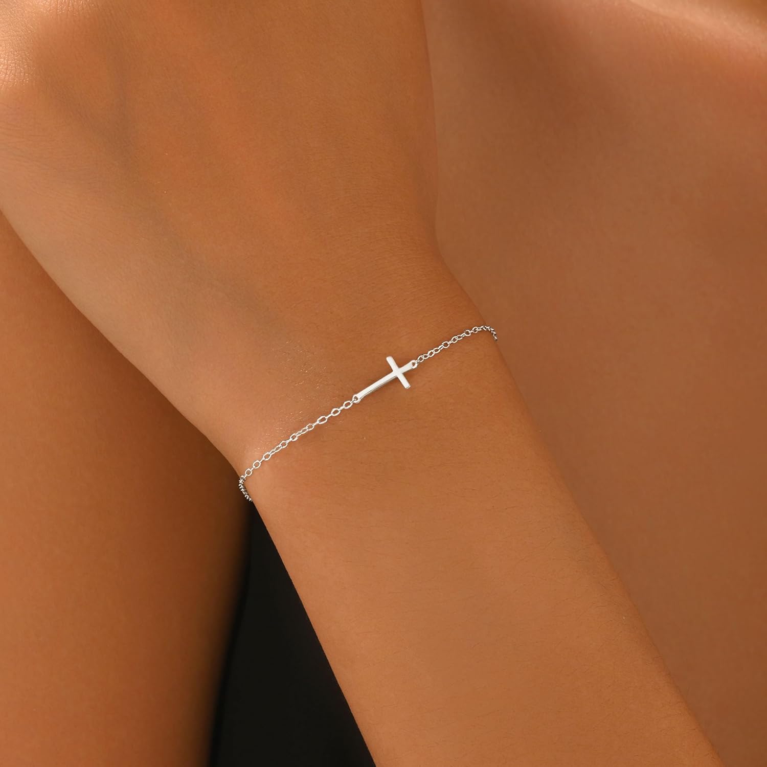 Dainty Sideways Cross Bracelet for Women 925 Sterling Silver Horizontal Cross Bracelet to Daughter Mom Non Tarnish Crucifix Faith Trendy Charm Cross Link Chain Friendship Valentines Day Jewelry Gifts - Image 2