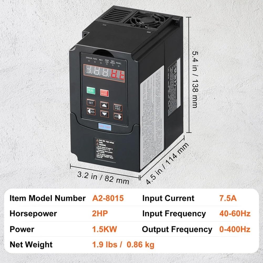 Frequenzumrichter 2HP 1,5KW 220V VFD zur Steuerung von Drehstrommotoren an Schleifmaschinen Zentrifugen Pumpen mit LCD Display und Tasten 0-400Hz Frequenz 1 oder 3 Phase Eingang schwarz langlebig