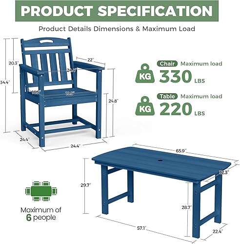 Miniatura 2 de Juego de comedor de exterior de HDPE con mesa y 6 sillas, juego de mesa y sillas de 7 piezas para todo clima, agujero para parasol de 2 pulgadas
