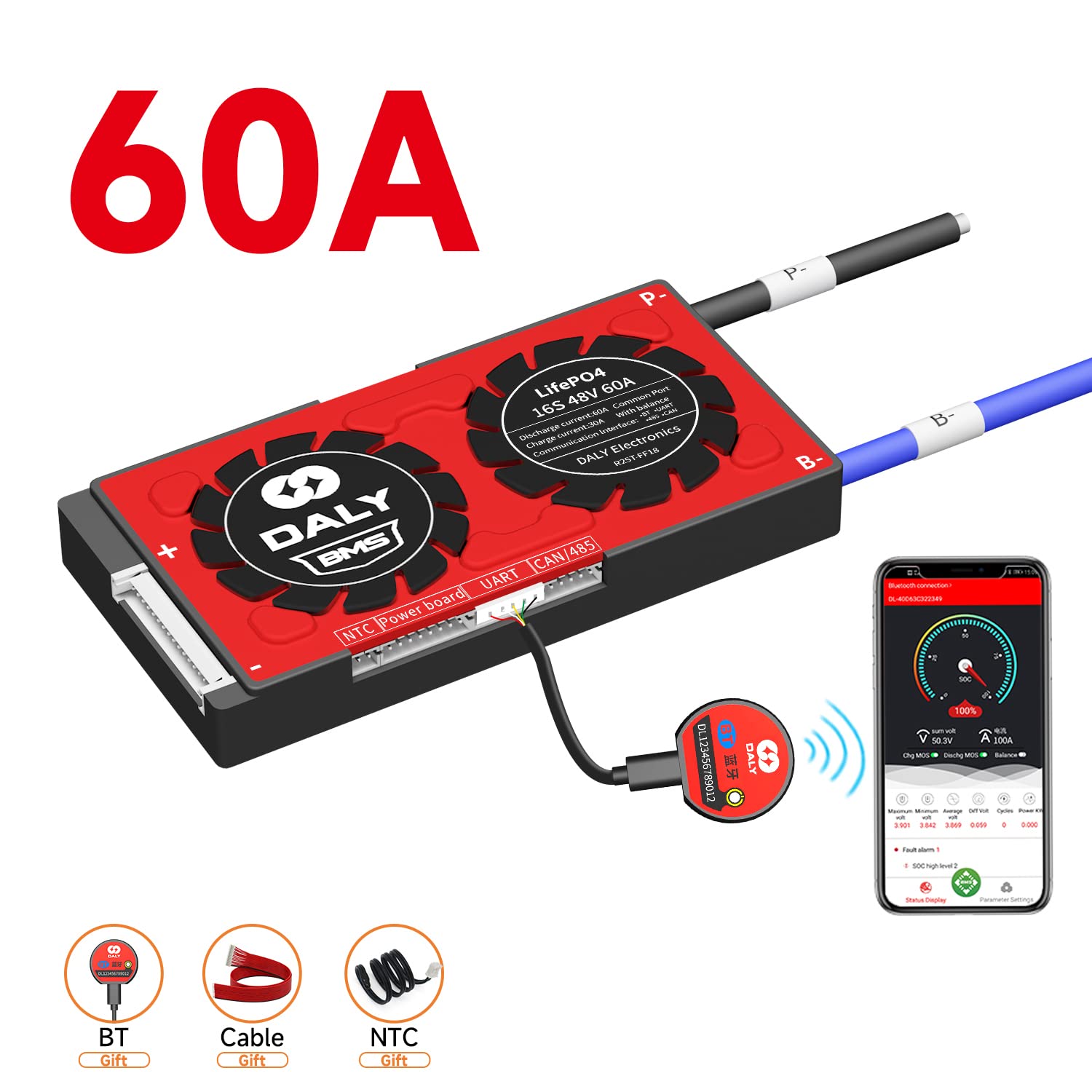 DALY Programmierbares konfigurierbares intelligentes BMS 16S 48V LiFePO4 mit Ausgleichsleitungen Drähte UART RS485 CAN-Kommunikation Batterieschutzmodul BMS für Batteriepack 24V(60A)