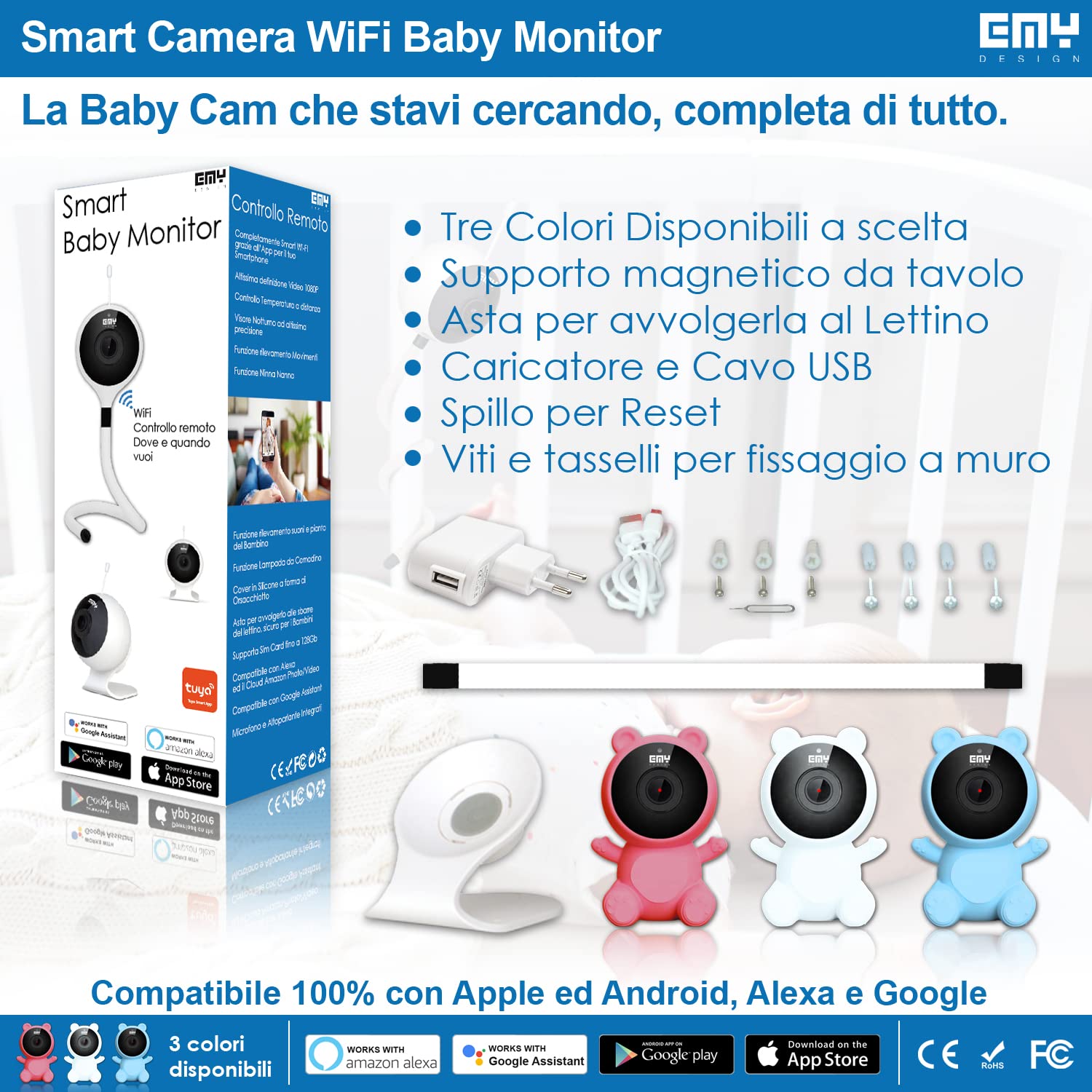 Smart Baby Monitor Video e Audio WIFI, Bianco