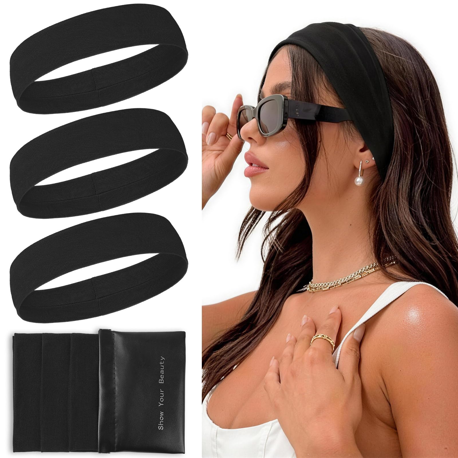 PROPOG 7cm Wide Black Headband, Stretchy Headbands for Women's Hair, Soft Fabric Head Band Fashion Hair Band for Makeup, Yoga, Running, Gym, Exercise (3Pcs - Black)-image-21
