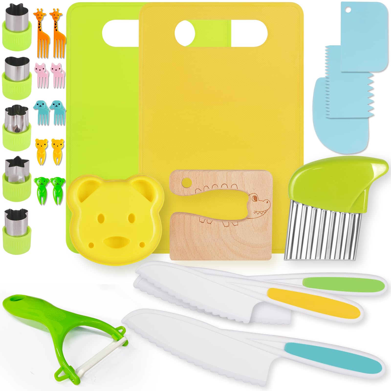 Genround 28 Pc Toddler Kitchen Tools - Kids Kitchen Knife Set, Safe Knives, Crinkle Cutter, Sandwich Cutters