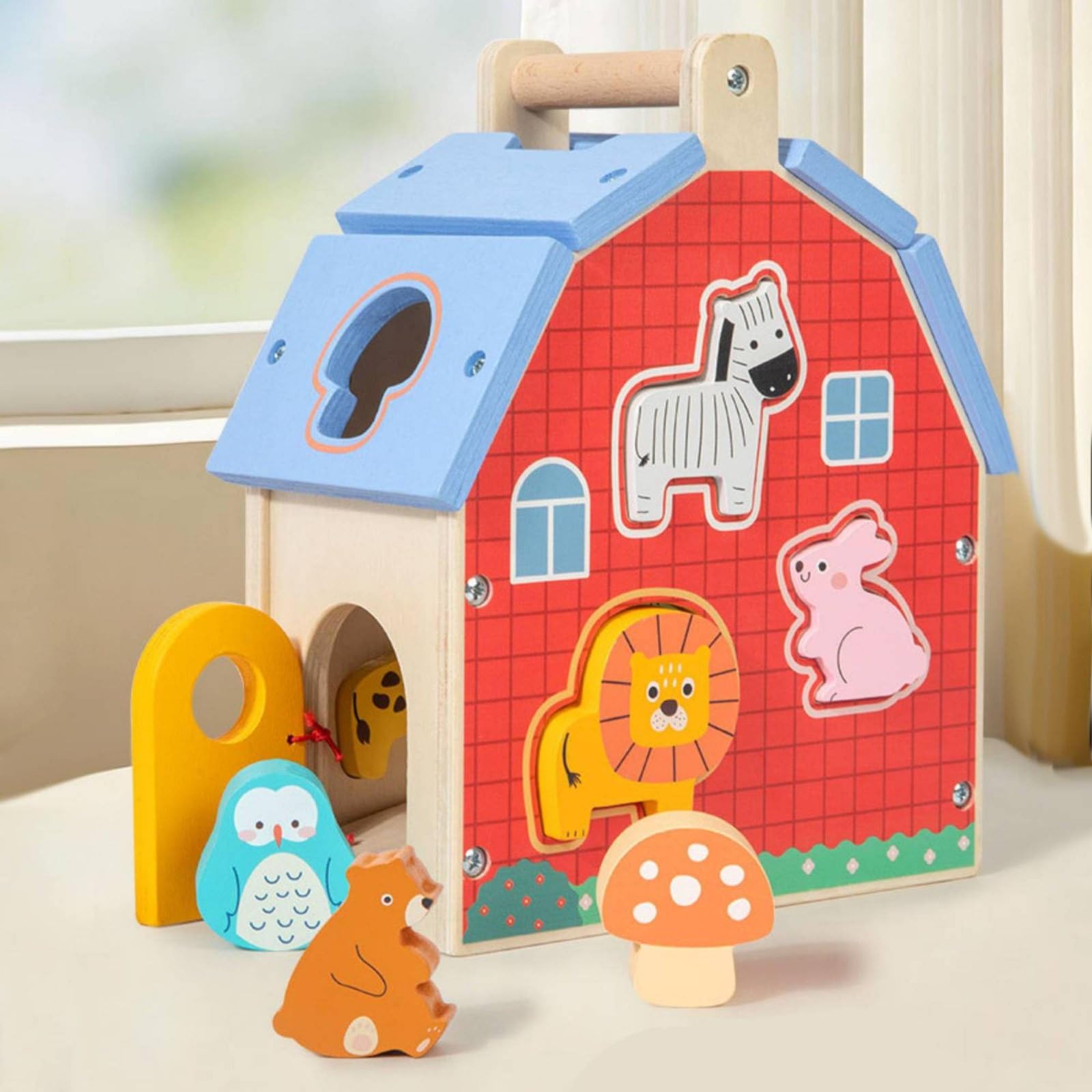 Qianly Bauernhof-Tier Steckspiel motorische Fähigkeiten mehrseitig Lernspielhaus aus feinmotorik Tier-Puzzlpielhaus für, Garten