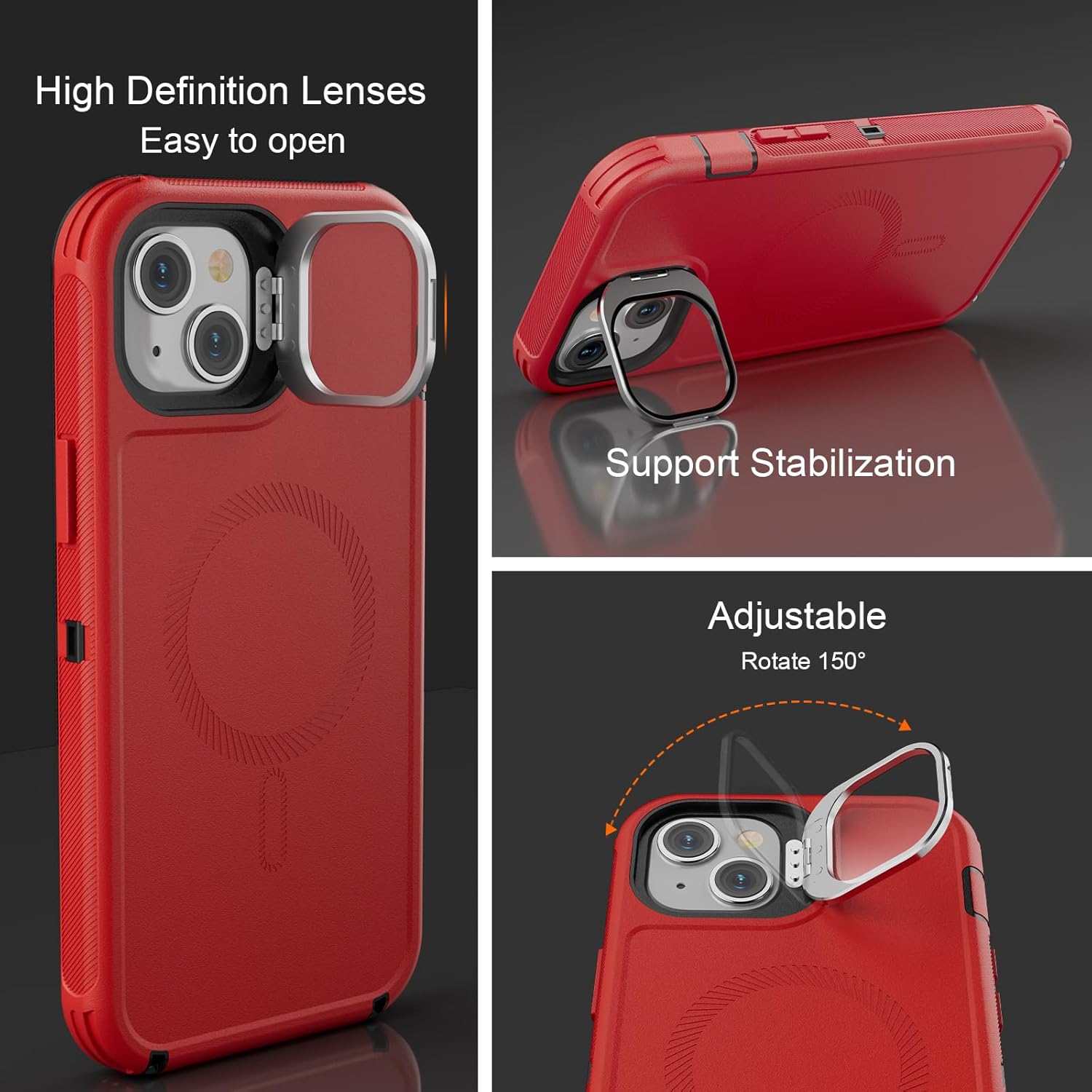 Follaroma for iPhone 15 Plus Case with Stand & Built-in Camera Cover, MagSafe Compatible, Heavy-Duty Shockproof Protection, Magnetic & Rugged Phone Cover for iPhone 15 Plus 6.7'', Red