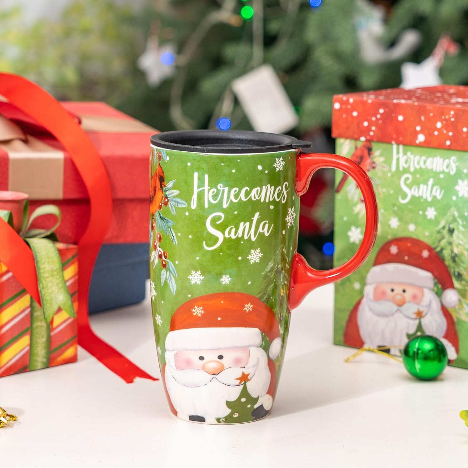 Topadorn Ceramic Travel Mug for Coffee or Tea Sealed Lid 17 oz Santa Claus Xmas Christmas Mug - Image 2