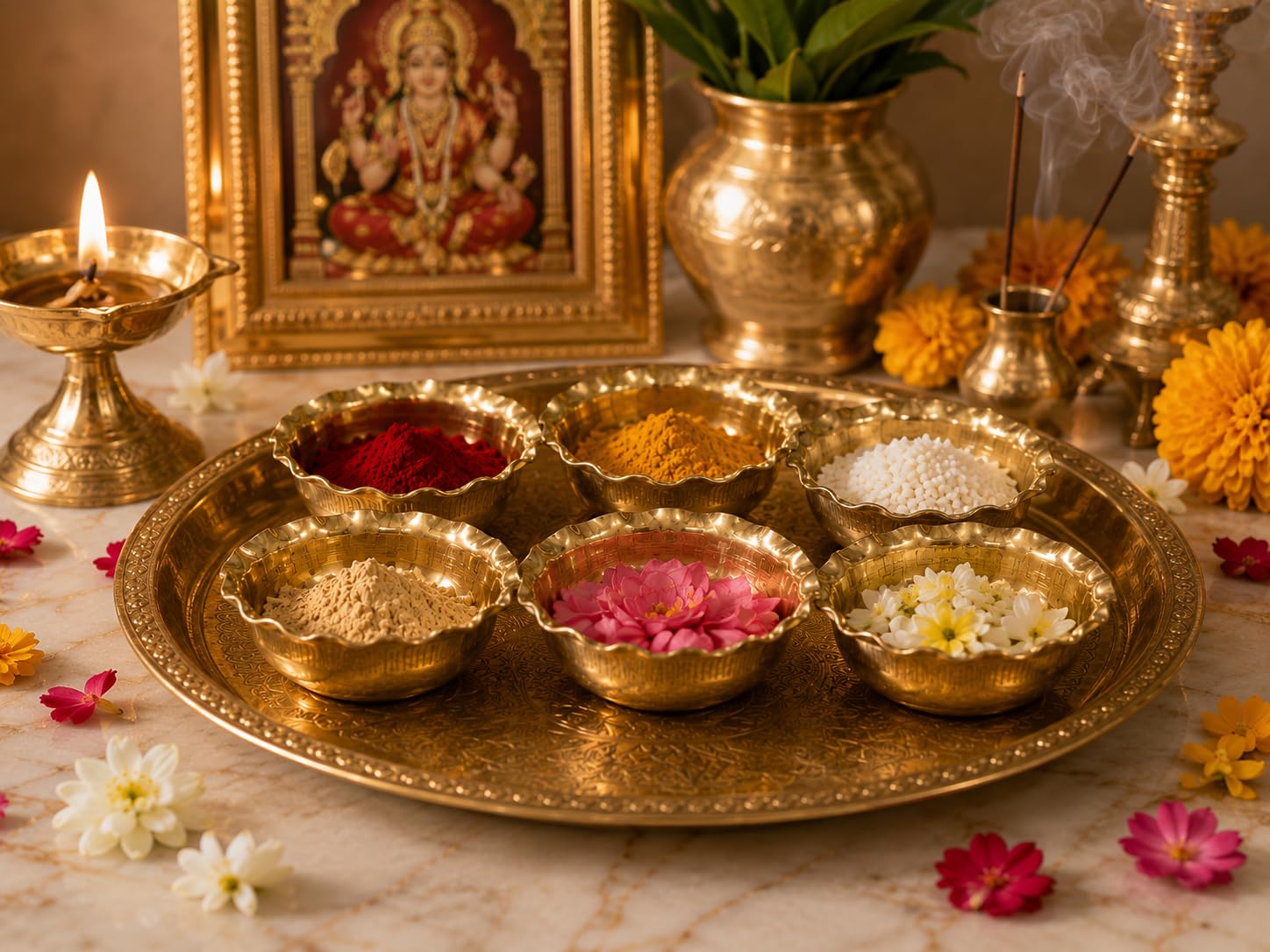 Pure Brass Flower Shape Puja Bowl Set of 6 | Chandan Kumkum Haldi Roli Akshat Bati Katori | Decorative Brass Bowls for Pooja Thali, Temple, Home Mandir, Diwali, Navratri & Religious Rituals (6)-image-8