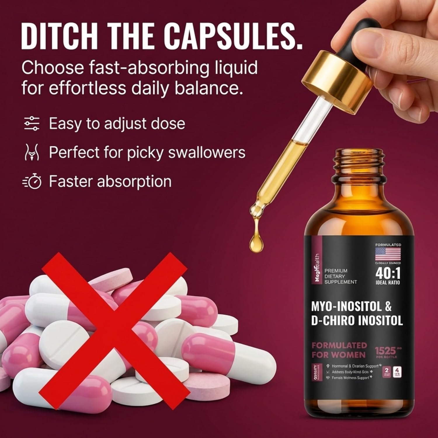 Myo-Inositol & D-Chiro Inositol Liquid Drops for Women | 40:1 Ratio | Hormone Balance & Cycle Support | Vitex + Vitamin D3 | No Pills | 4 Fl Oz (2-Month Supply)