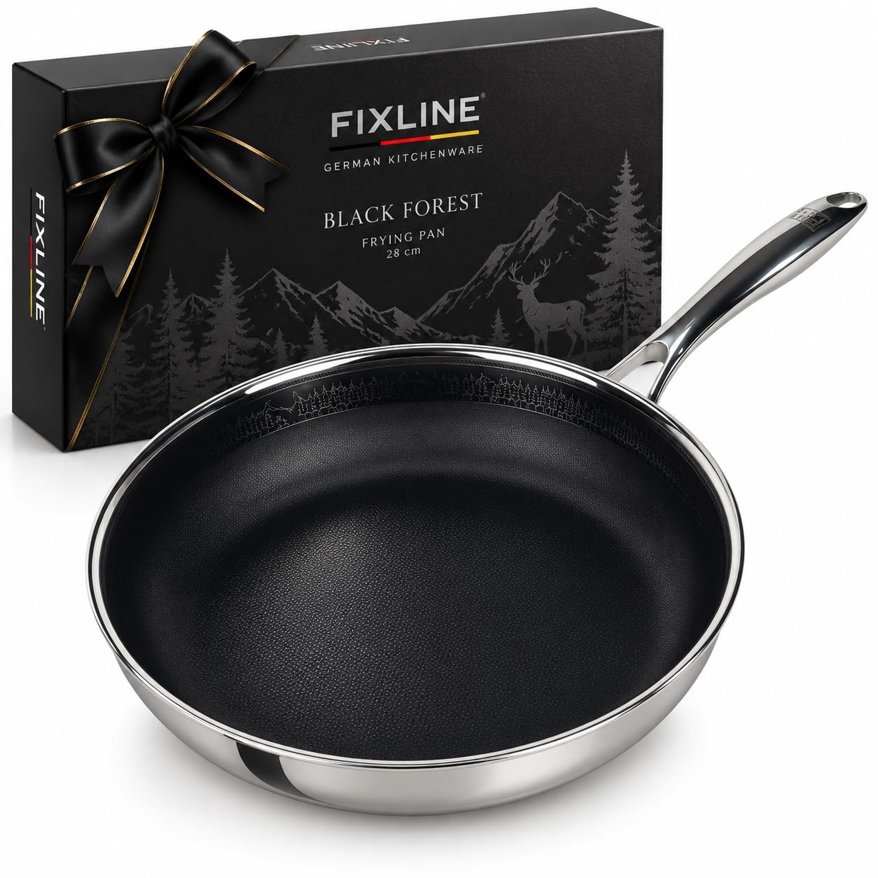 FIXLINE® BLACK FOREST Bratpfanne 28cm - robuste Antihaftbeschichtung - hoher Rand 6,5cm - alle Herdarten inkl. Induktion - Backofen geeignet bis 230°C - Perfekte Geschenkidee