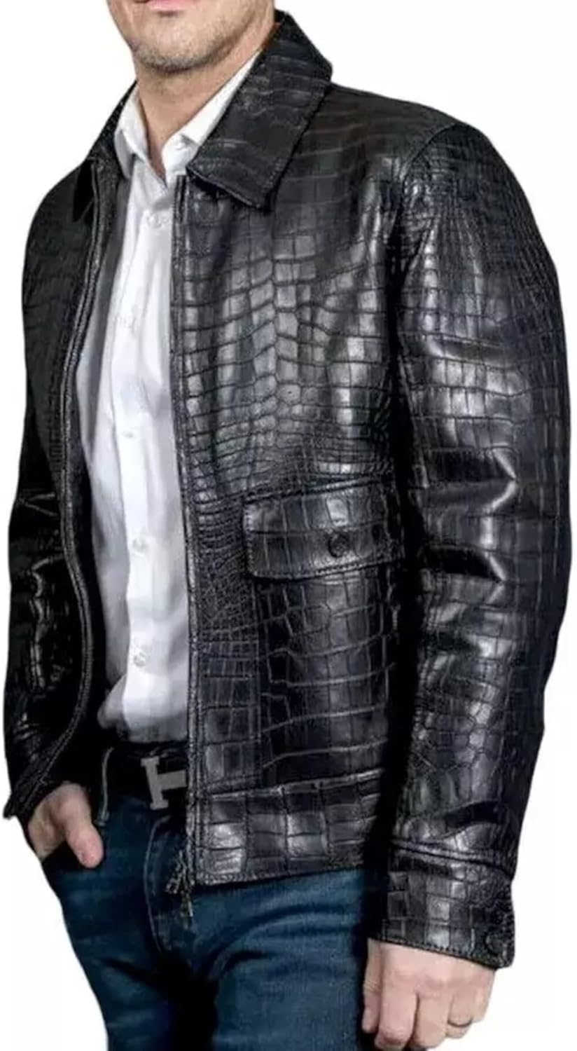 Real Leather Alligator Crocodile Print Embossed Skin Men's Luxury Black Bomber Jacket - Image 2