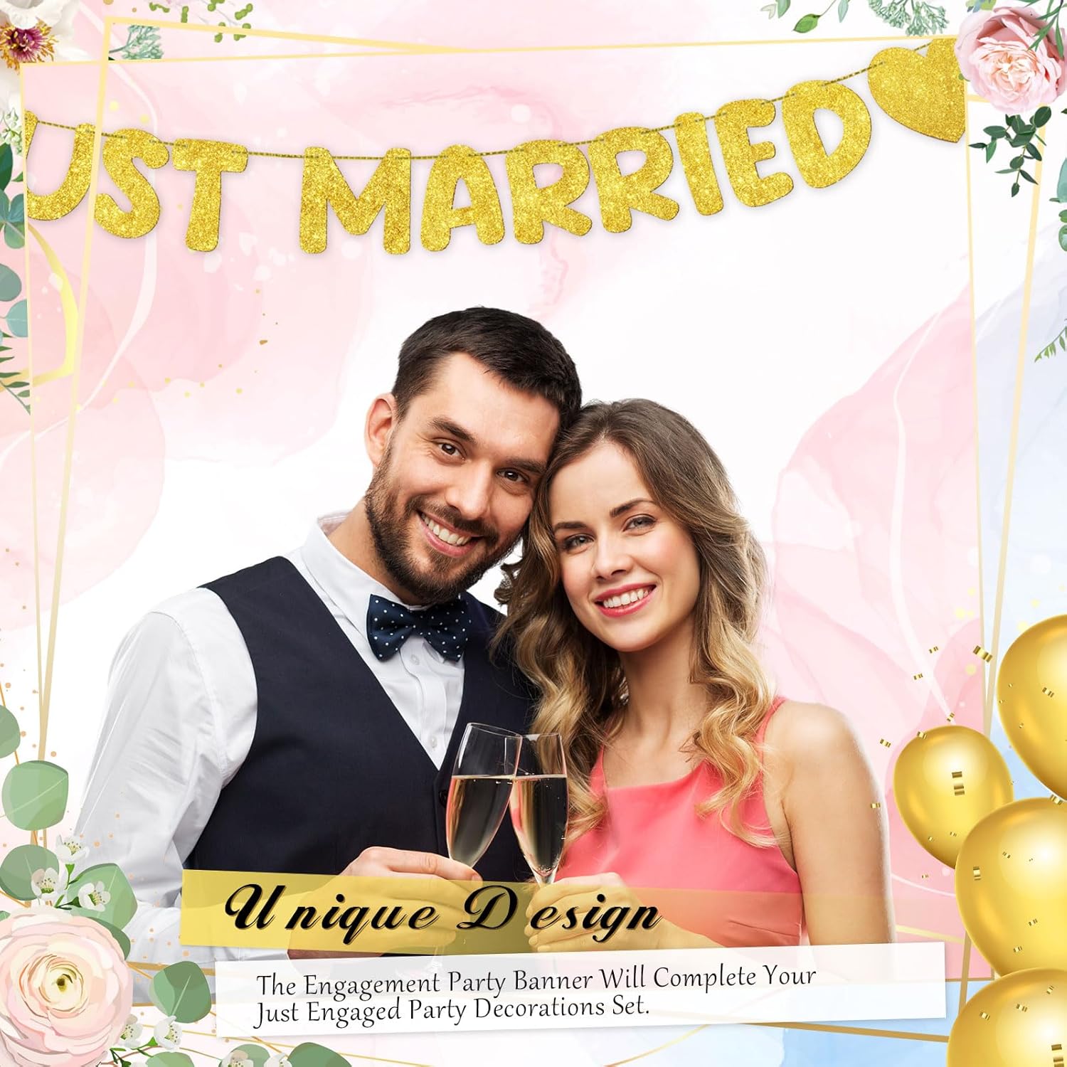 Breling Pre Strung Just Married Banner Glitter Wedding Party Banner No DIY Just Married Sign Wedding Ceremony Decorations for Photo Booth Props Wedding Shower Party Decor (Gold)