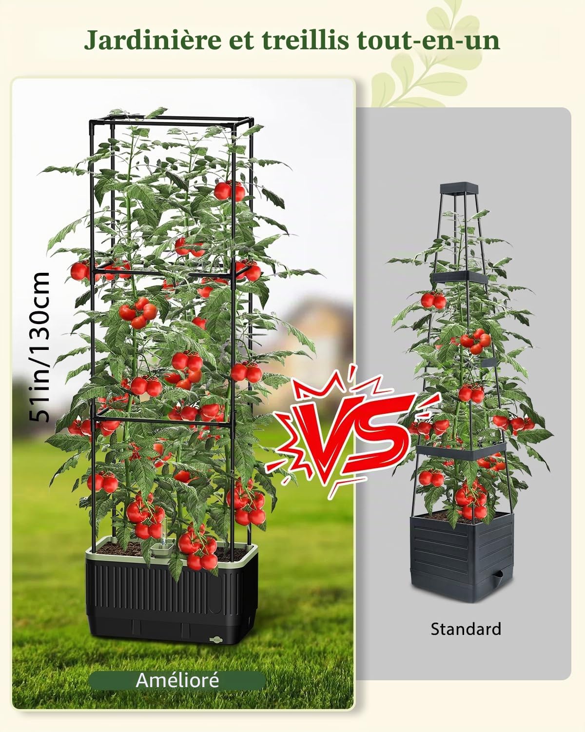 Pot à tomates auto-arrosant avec treillis, treillis cages à tomates rectangulaires pour carré potager, bac à tomates pour pots de jardin, terrasse, intérieur et extérieur (1 pièce)