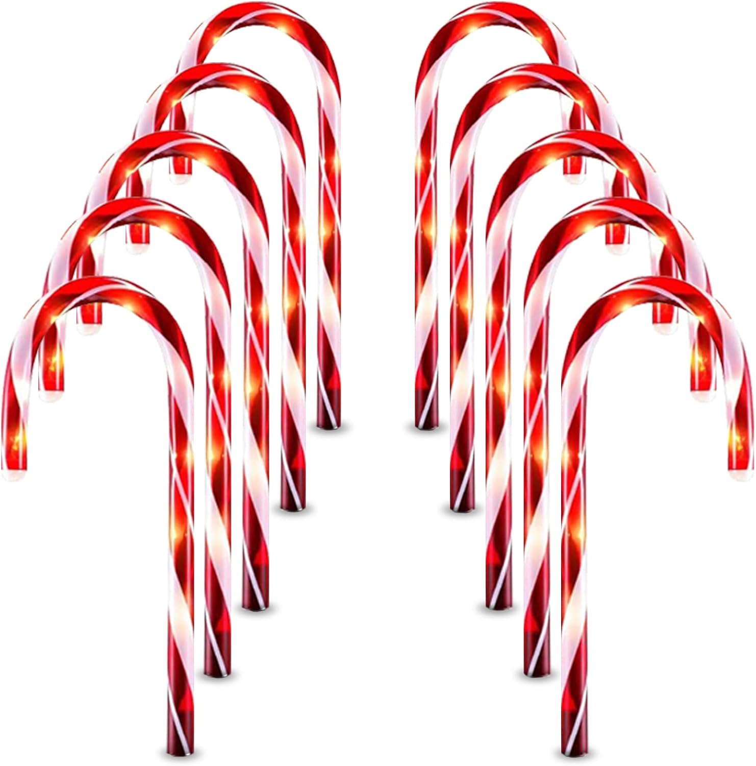 Twinkle Star Christmas Candy Cane Lights, 10 Pcs Christmas Pathway Markers with 60 Count Incandescent Warm White Fairy Lights for Outdoor Holiday Walkway Patio Garden Christmas Decorations