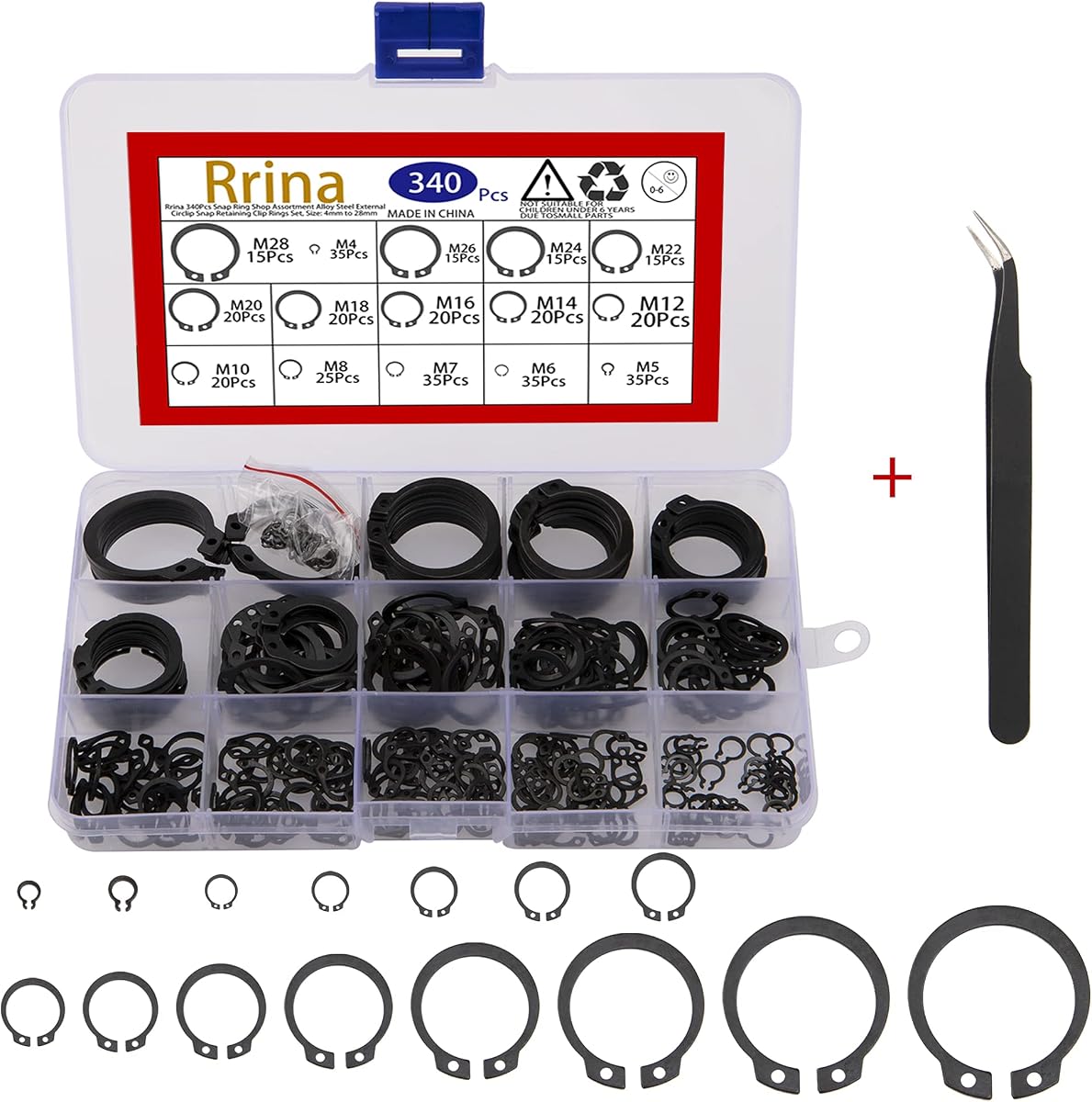 Surtido de anillos a presión de 340 piezas, juego de anillos de clip de retención a presión con clip externo de acero de aleación, tamaño: 4 mm a 28 mm
