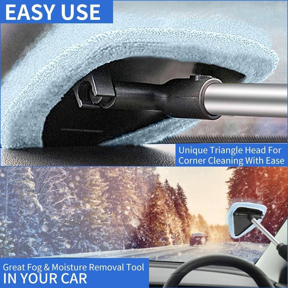 Jbgo Windshield Cleaning Tool, Microfiber Car Window Cleaner with Extendable Handle, Car Windshield Cleaner Tool with Pivoting Triangular Head and 2 Bonnets Interior Exterior Accessories Car Cleaning