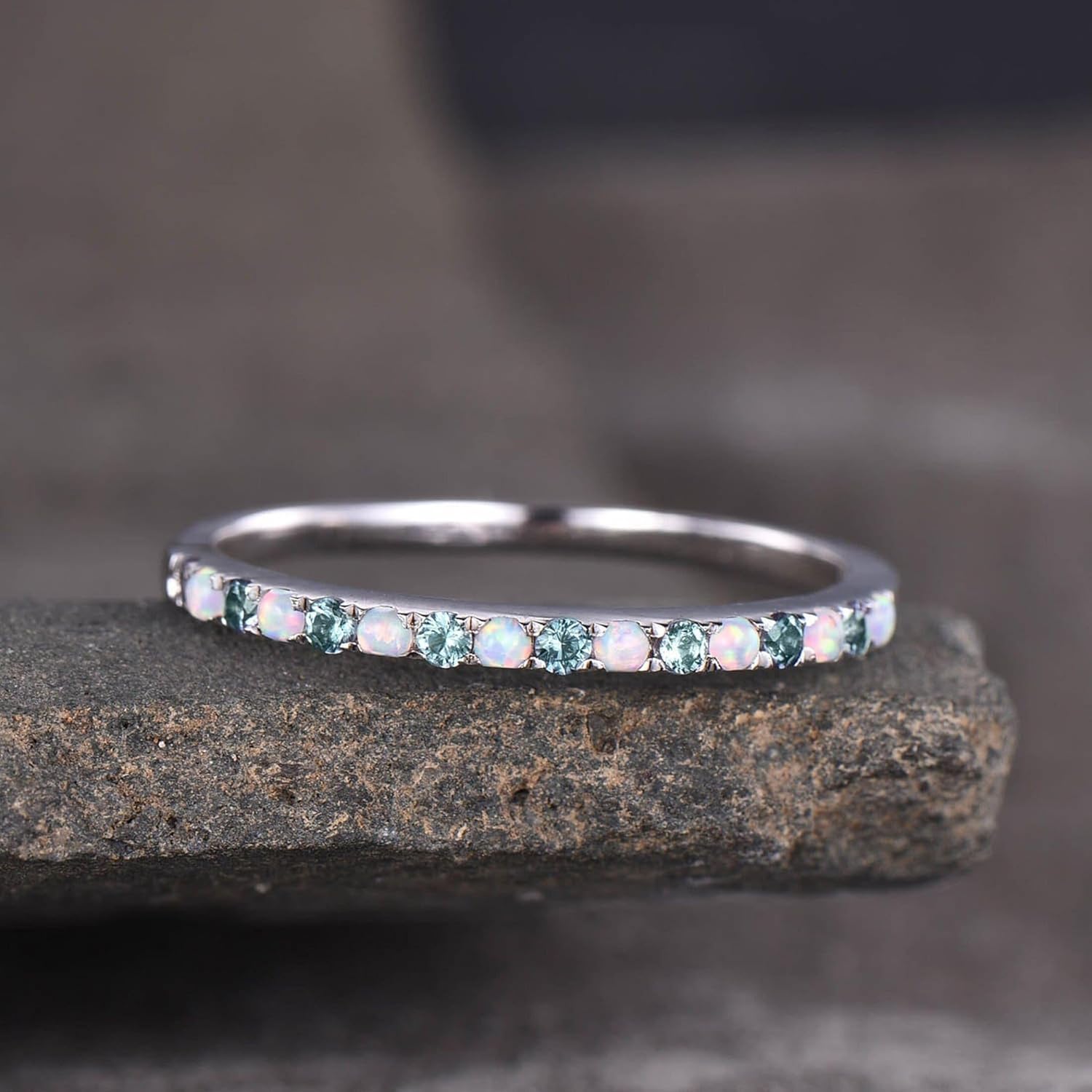 18k Solid Yellow Gold Opal & Aquamarine Wedding Band for Women, Unique Half Eternity Handmade Gift Ring, Dainty Promise Ring, Stackable Bridal Jewelry, Birthday or Valentine’s Day Gift